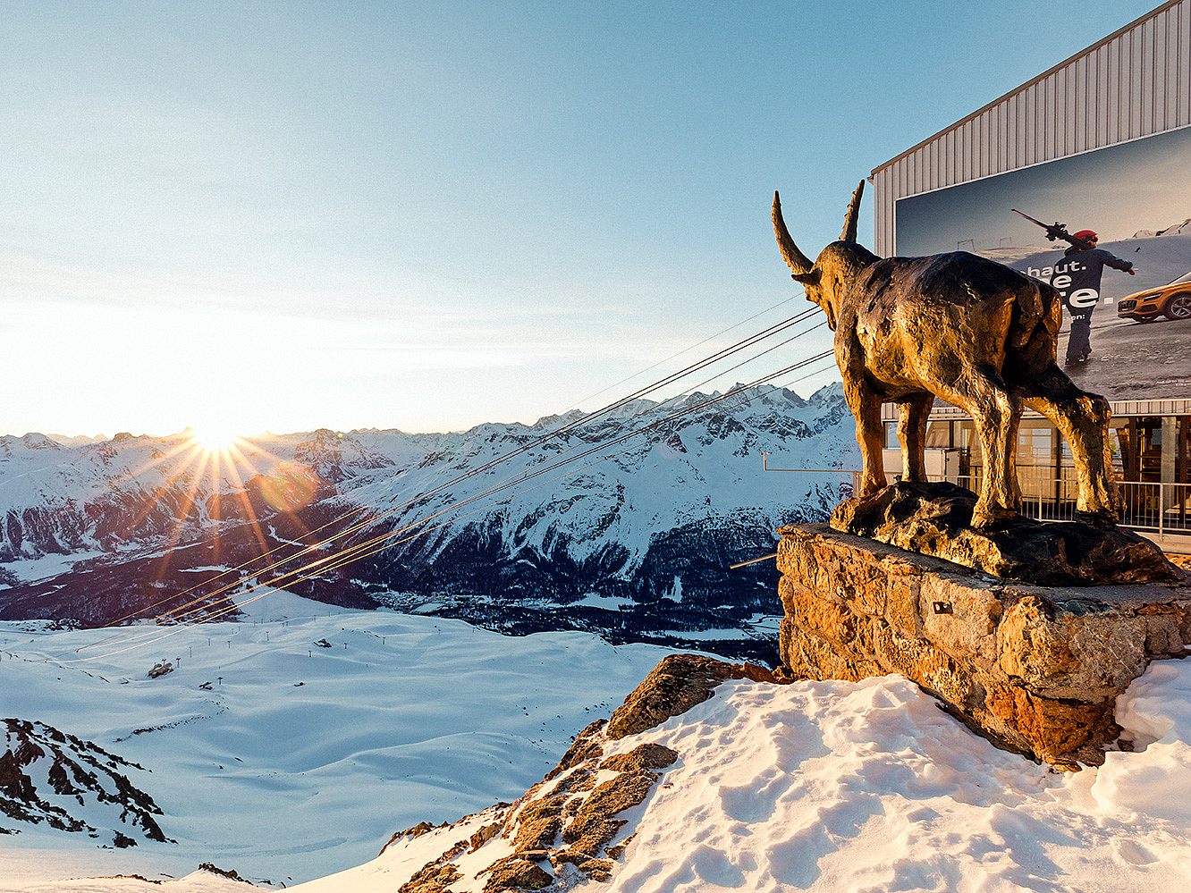 Steinbock-Statue im Sonnenuntergang Bronzene Steinbock-Statue auf verschneitem Berggipfel im Sonnenuntergang.