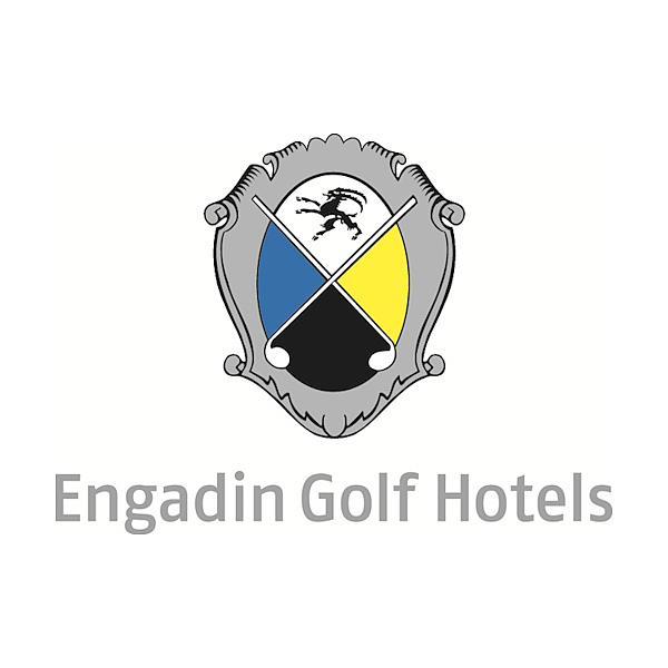 Engadin Golf Hotels Logo Engadin Golf Hotels Logo mit Wappenschild und Golfschlägern.