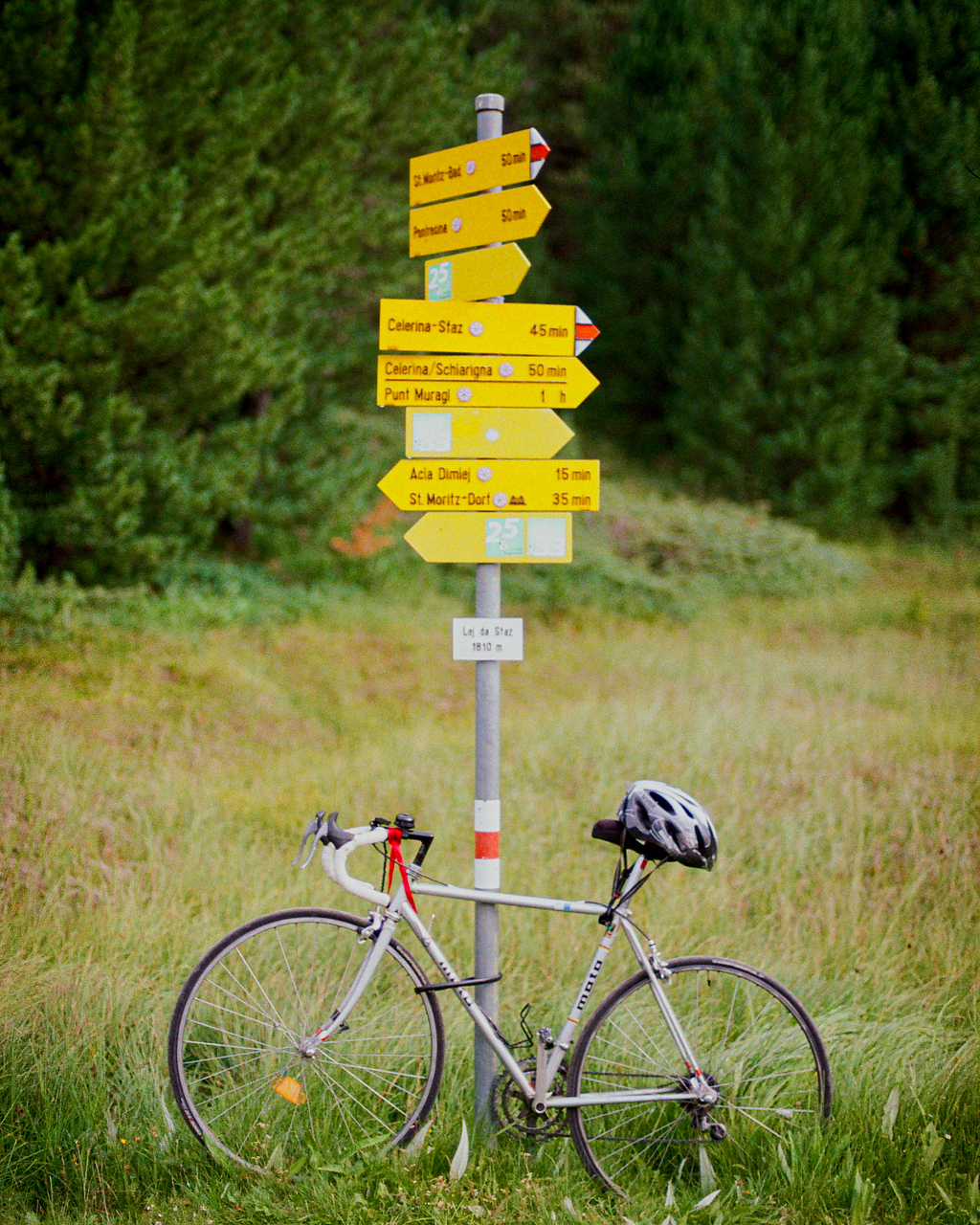 Silbernes Rennrad lehnt an gelbem Wanderwegweiser auf einer Wiese