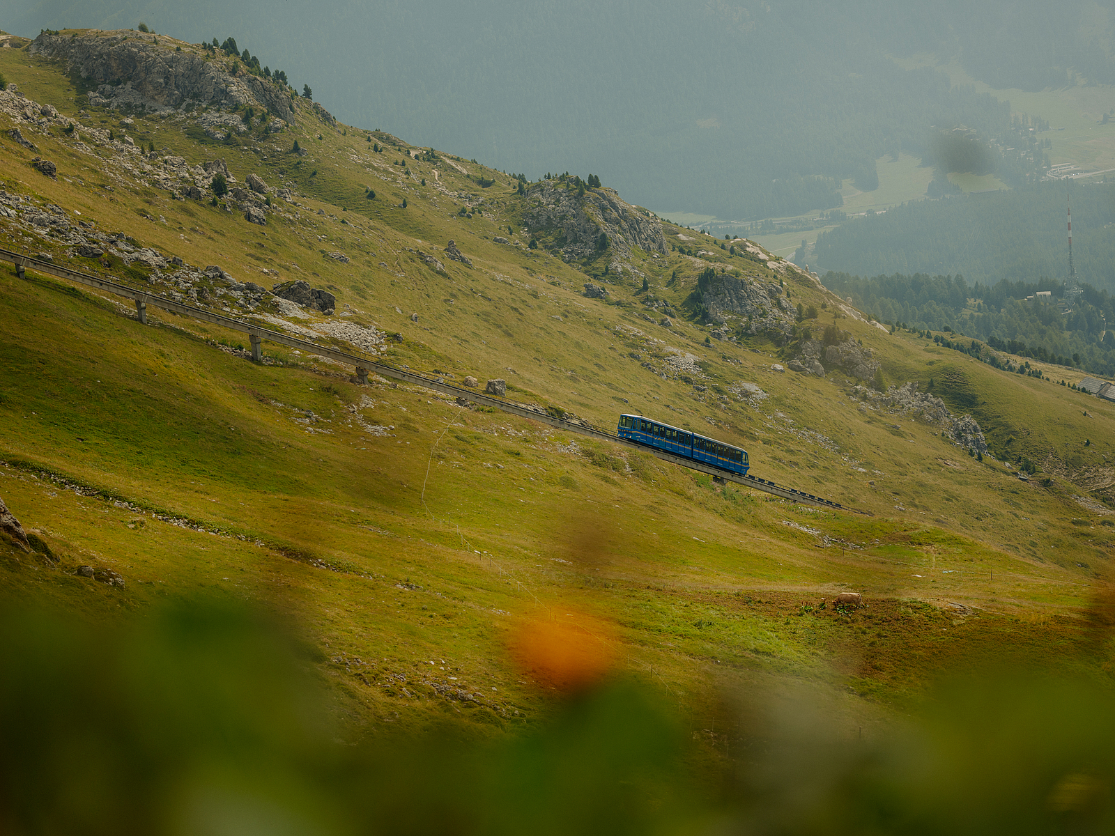 Blauer Zug auf einer Bergbahnstrecke an einem Hang.